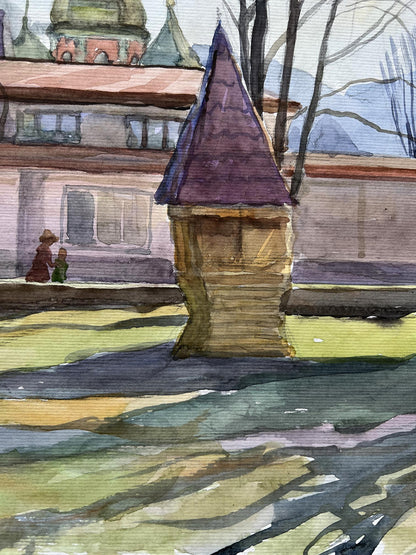 Watercolor painting The yard in the church V. Mishurovsky