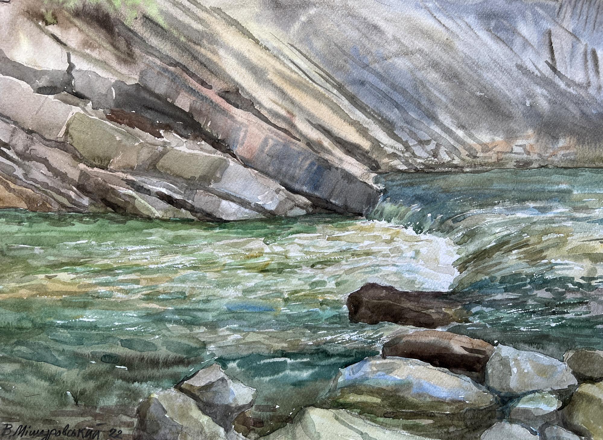Watercolor painting Waterfall on the river V. Mishurovsky