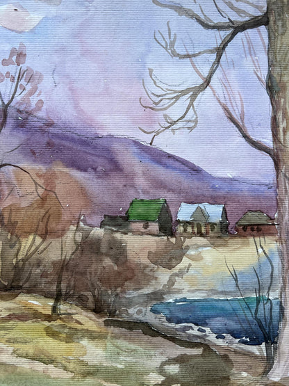 Watercolor painting A village near a pond V. Mishurovsky