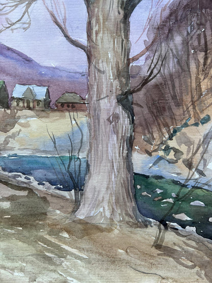 Watercolor painting A village near a pond V. Mishurovsky