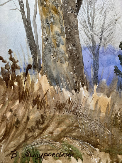 Watercolor painting Autumn trunks V. Mishurovsky