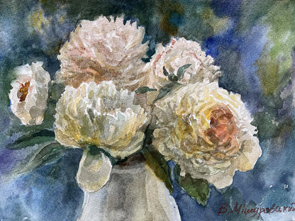 Watercolor painting White peonies V. Mishurovsky