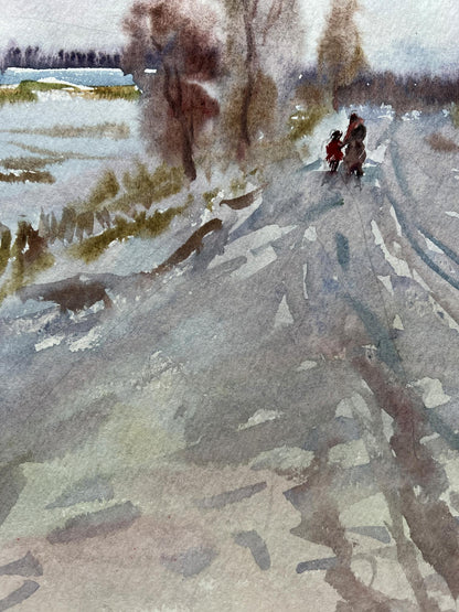 Watercolor painting Winter road V. Mishurovsky