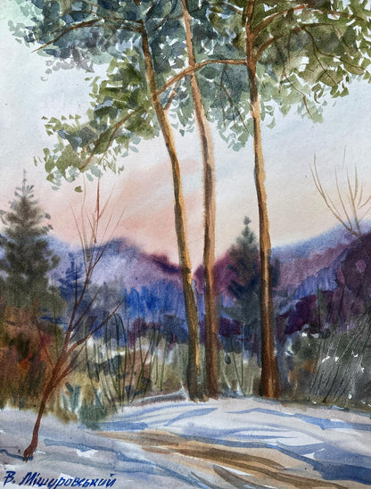 Gouache painting Winter in the Carpathians V. Mishurovsky