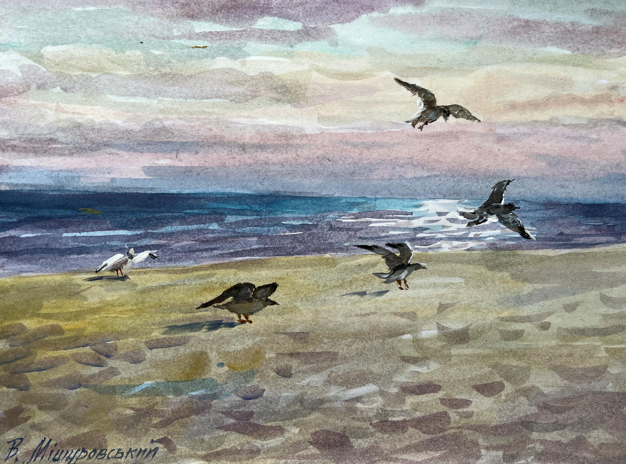 Gouache painting Seagulls on the sea V. Mishurovsky