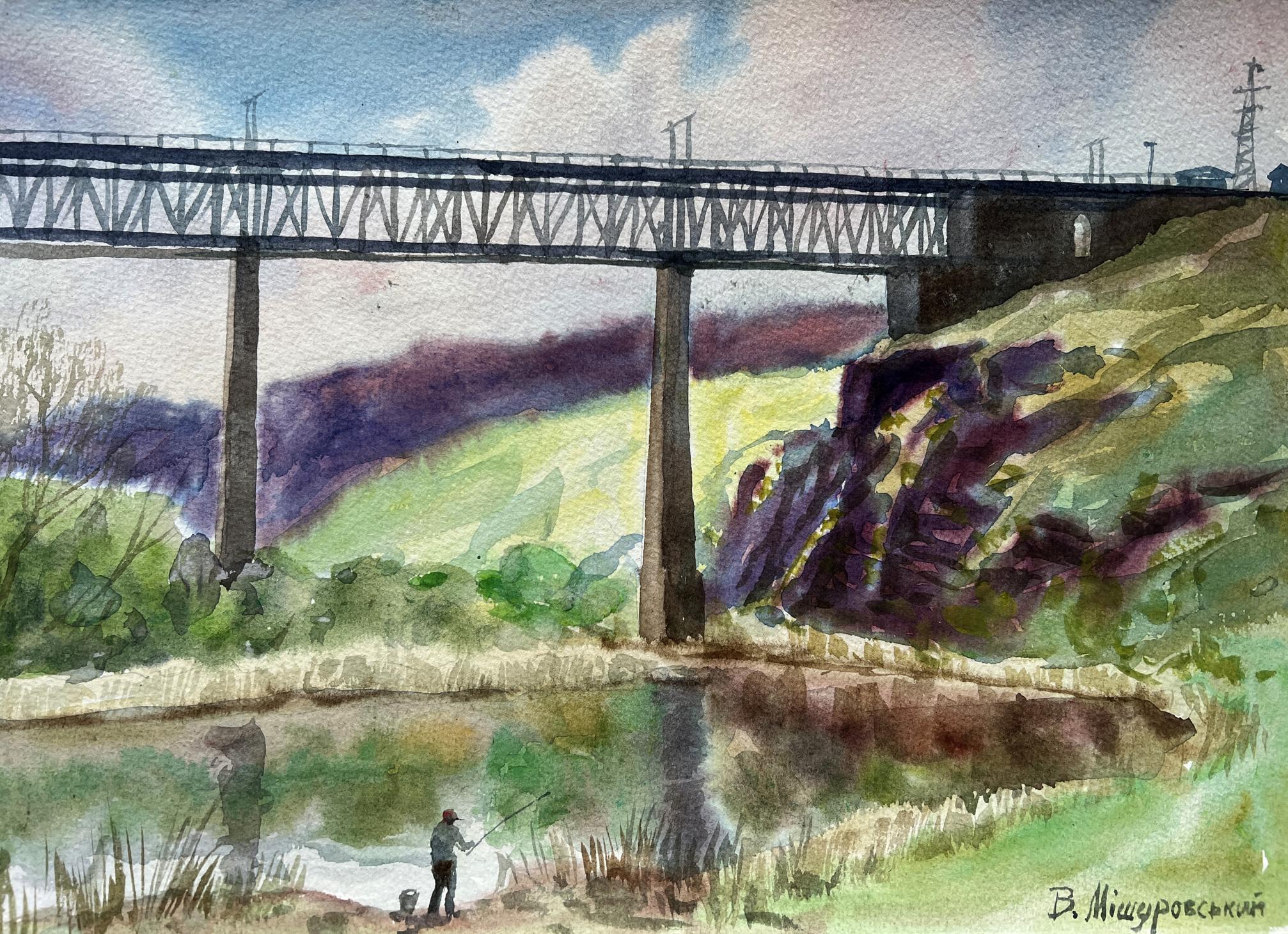 Watercolor painting A bridge to the city V. Mishurovsky