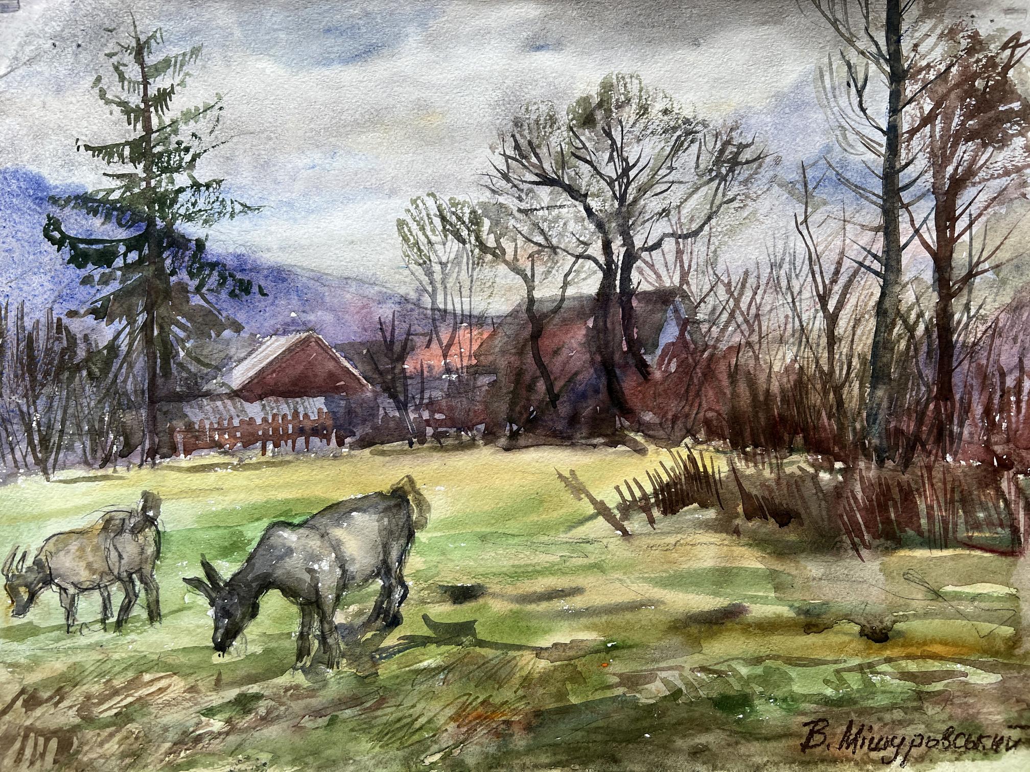Watercolor painting Landscape with goats V. Mishurovsky