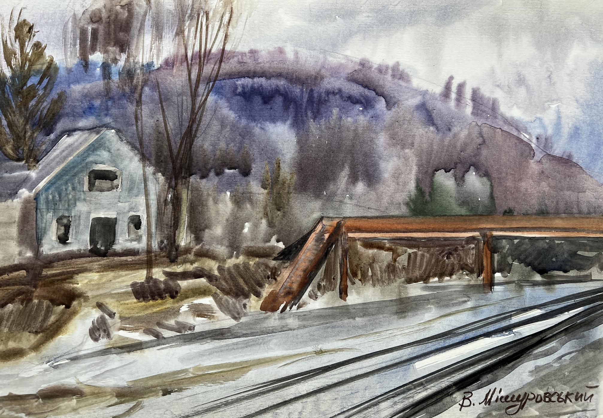 Watercolor painting Railway in the city V. Mishurovsky