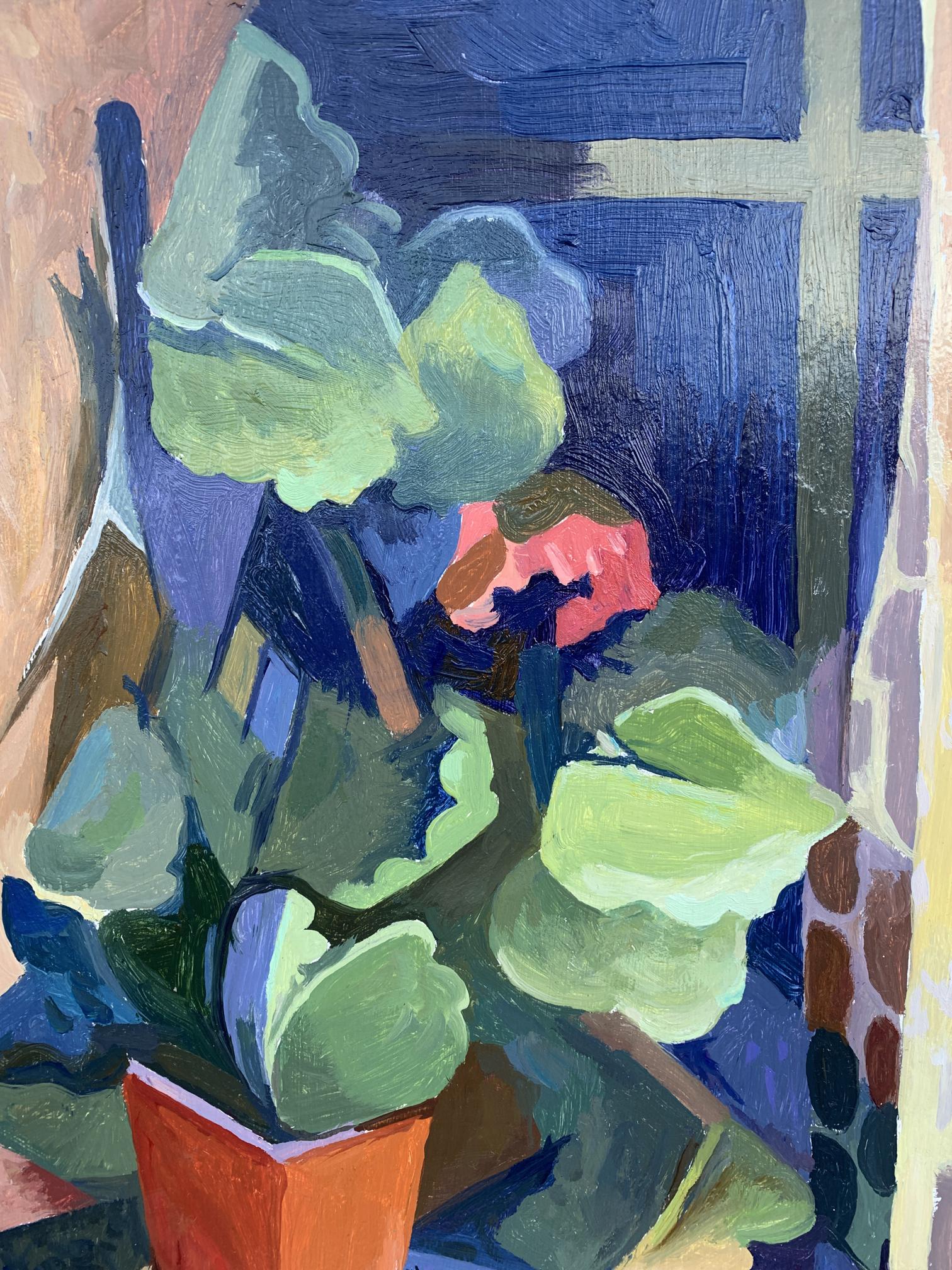 Window Elegance: V. Konotopsky's Oil Depiction of Nighttime Geranium