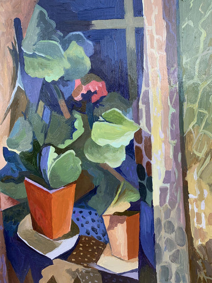 Geranium Glow: V. Konotopsky's Oil Rendering of Night Window Beauty