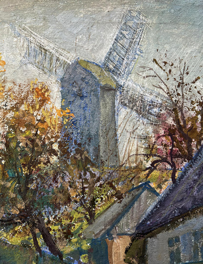 Tempera painting Windmill in the city V. Mishurovsky