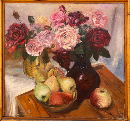 Oil painting Roses and pears Y. Burgas