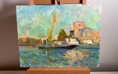 Oil painting City Seaport Terminal Peter Dobrev