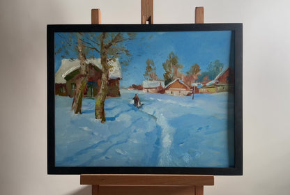 OIl painting Quiet village in winter Yuriy Suprunchuk