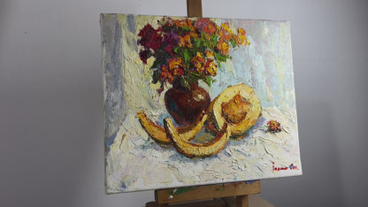 Oil painting Autumn flowers with melon Ivanyuk Oksana