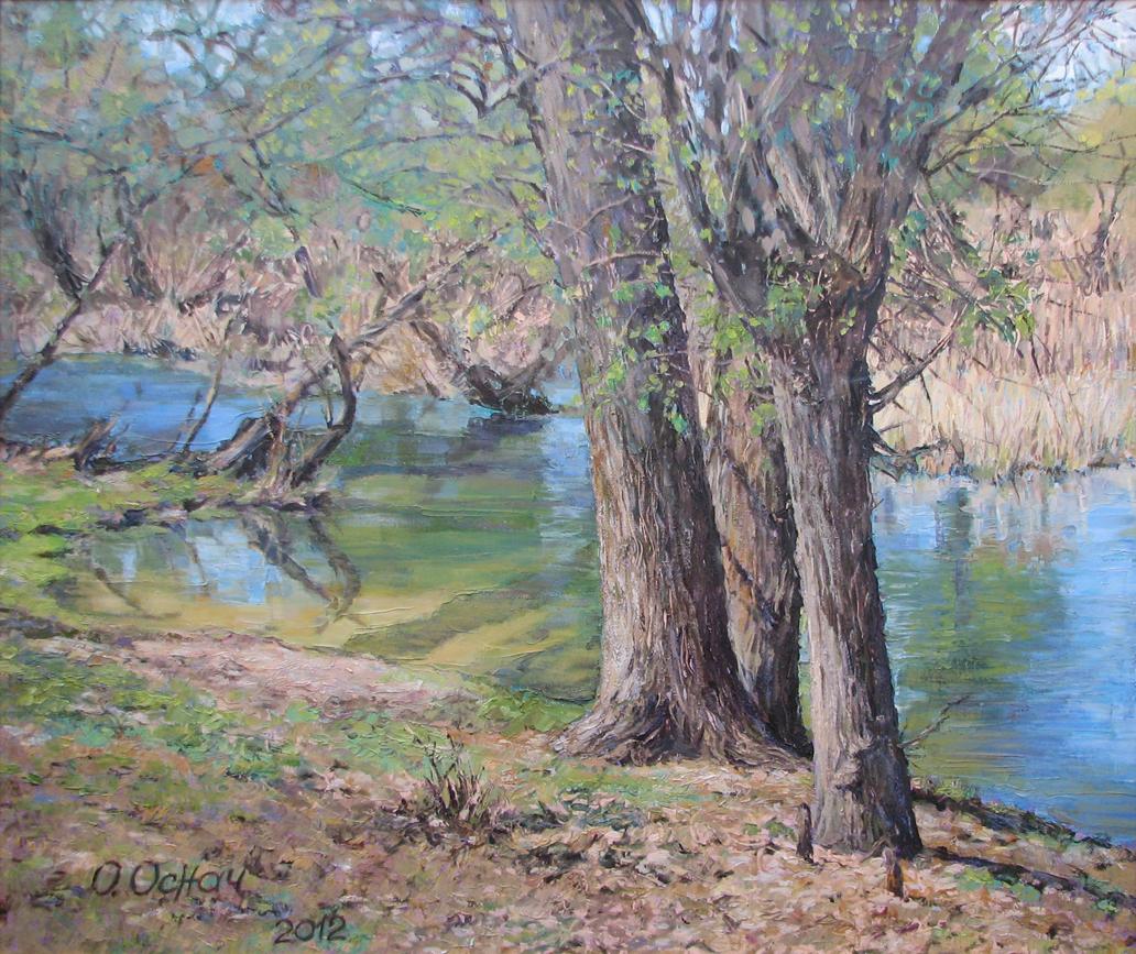 Oil painting On the bank of a quiet river Osnach Olesia