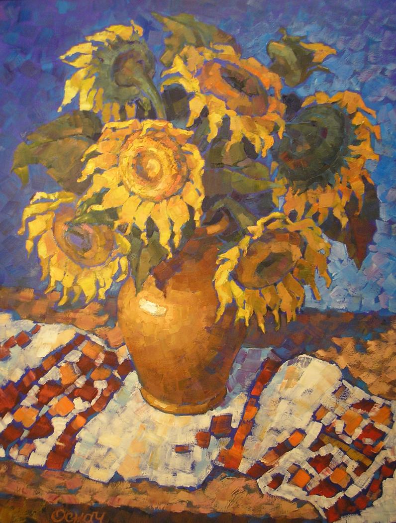 Oil painting Sunflowers on a towel Osnach Olesia