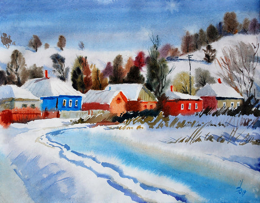 Watercolor painting Winter landscape Egor Shvachunov