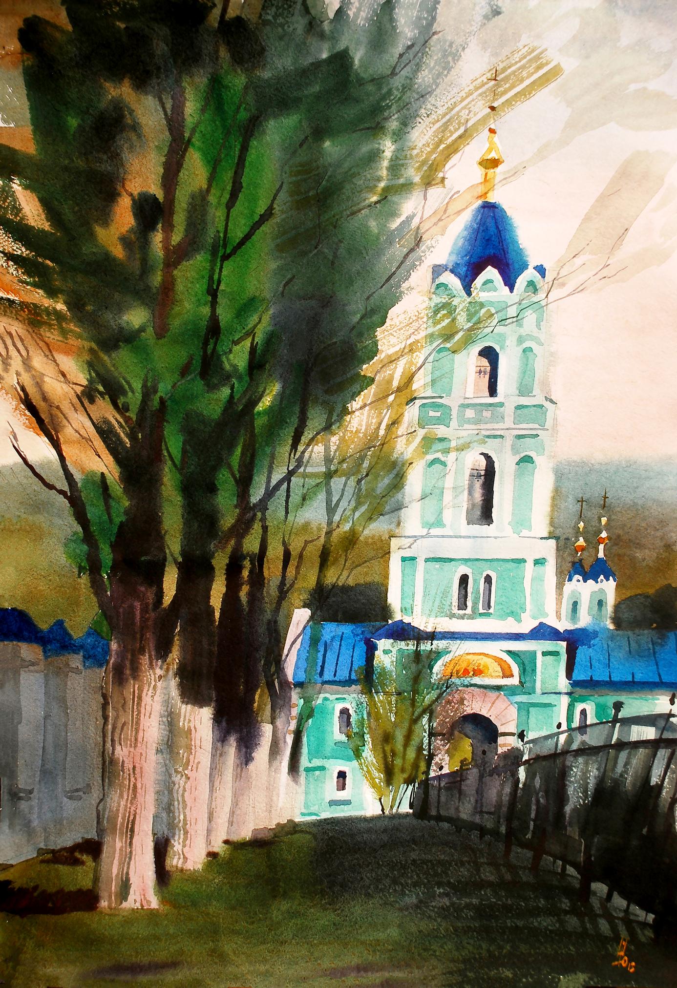 Watercolor painting Landscape with a church Egor Shvachunov