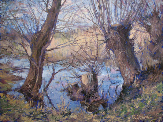 Oil painting Spring. Flooding Osnach Olesia