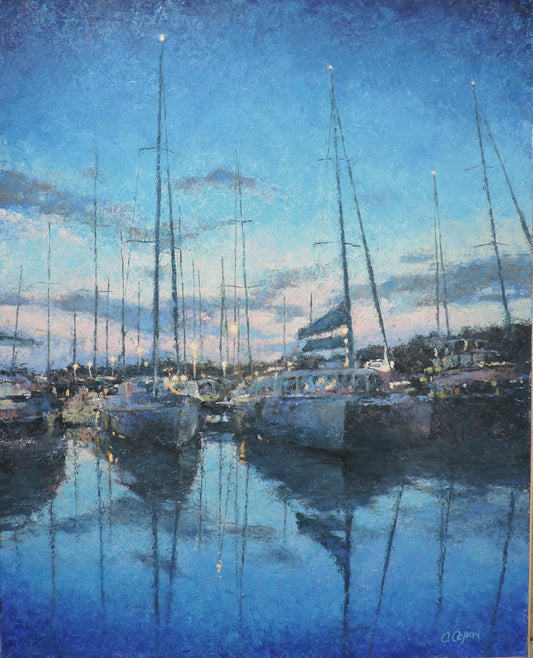 Oil painting Evening in the marina Osnach Olesia