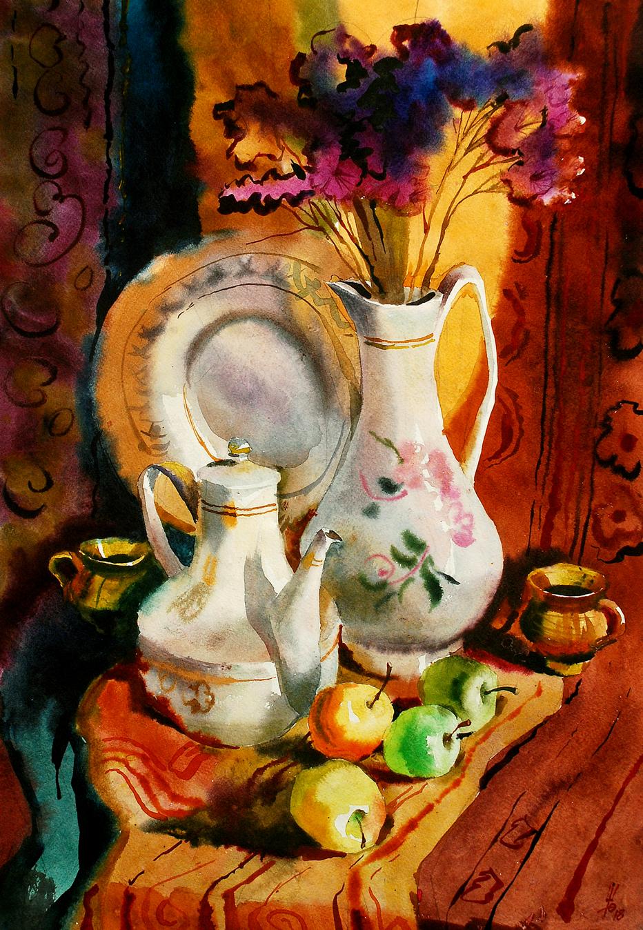 Watercolor painting Warm still life with flowers Egor Shvachunov