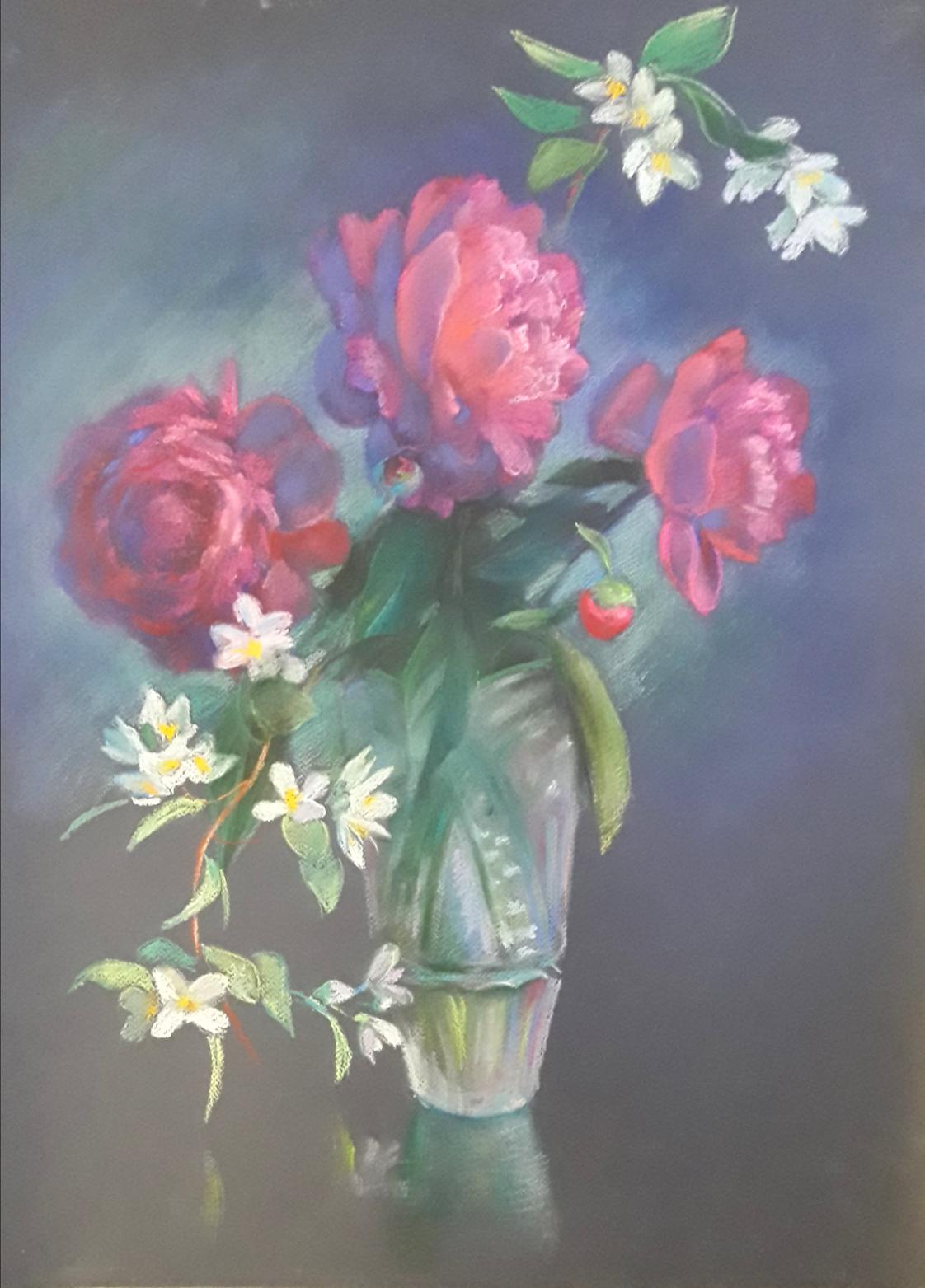 Pastel painting Peonies and jasmine Serdyuk Boris Petrovich