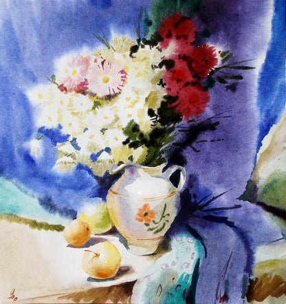 Watercolor painting Chamomiles and apples Egor Shvachunov