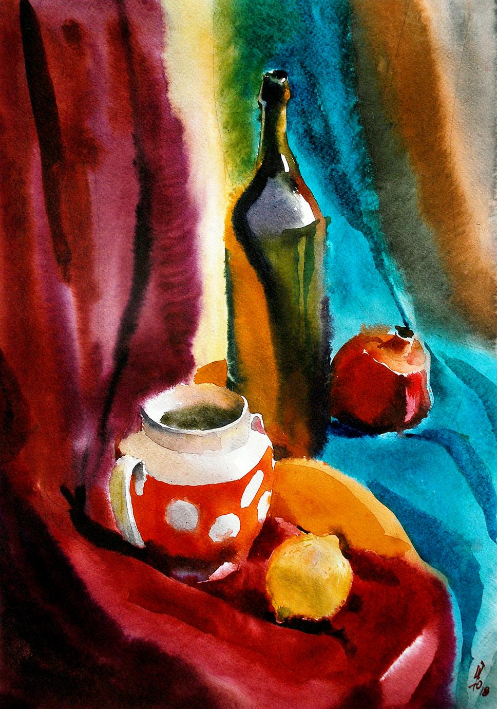 Watercolor painting Tea and fruit still life Egor Shvachunov