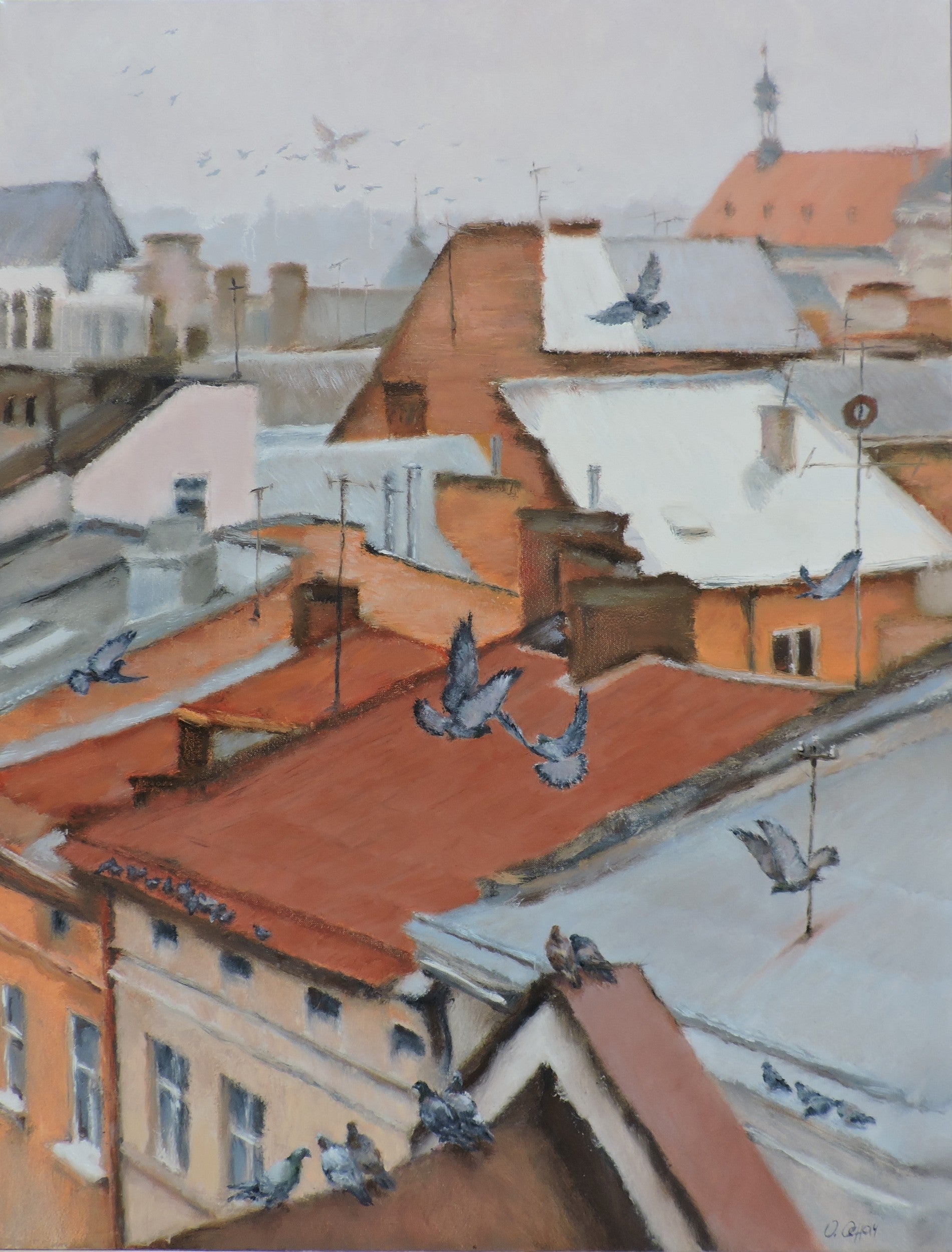 Oil painting Birds bang over the roofs Osnach Olesia