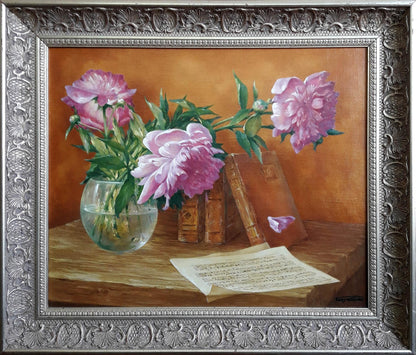 Oil painting Still life with pink peonies Vasily Korkishko