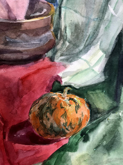 Watercolor painting Pumpkin still life Unknown artist