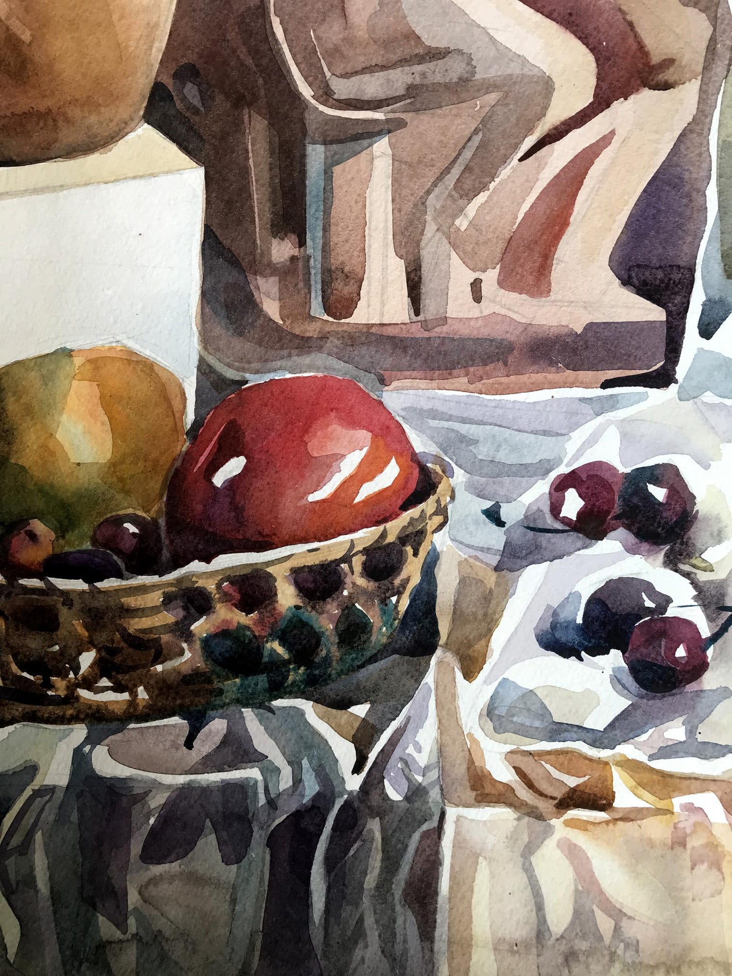 A watercolor painting of fruits and a vase on the table by an unknown artist