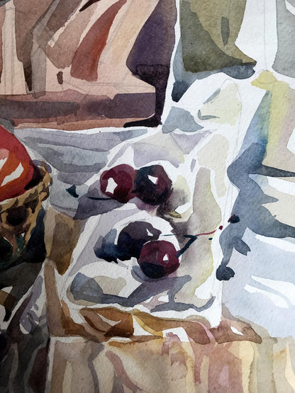 An unknown artist's watercolor depicts a vase and fruits on the table