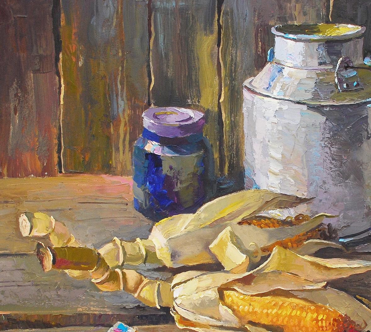 Egor Shvachunov's oil painting depicting corn on the table