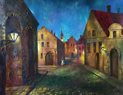 Oil painting Illuminated streets of the night city Anatoly Tarabanov