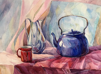 Watercolor painting Ready for tea Unknown artist