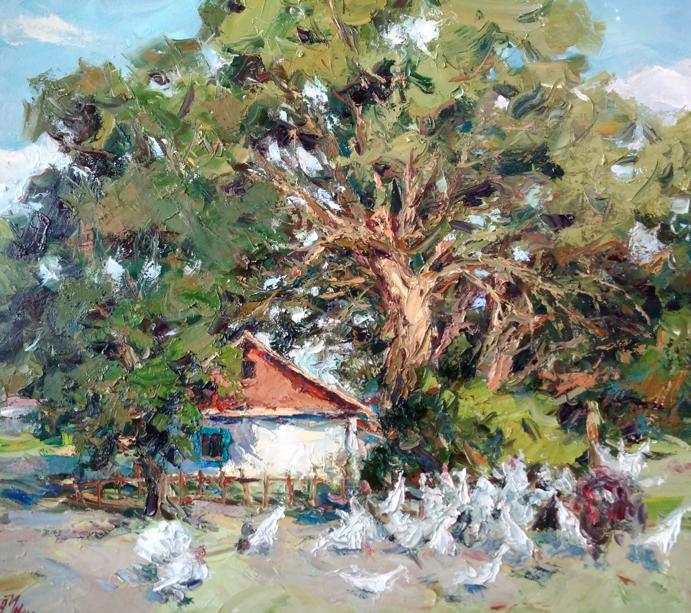Oil painting Chickens graze in the evening Alexander Cherednichenko