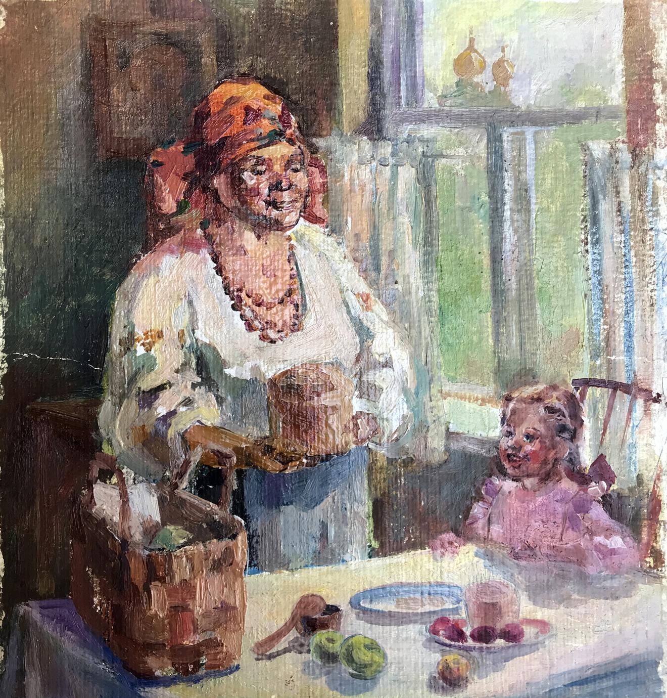 Oil painting Visiting Grandma Unknown artist