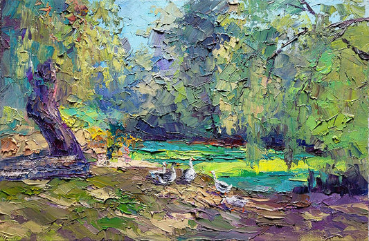 Oil painting Landscape with geese Serdyuk Boris Petrovich