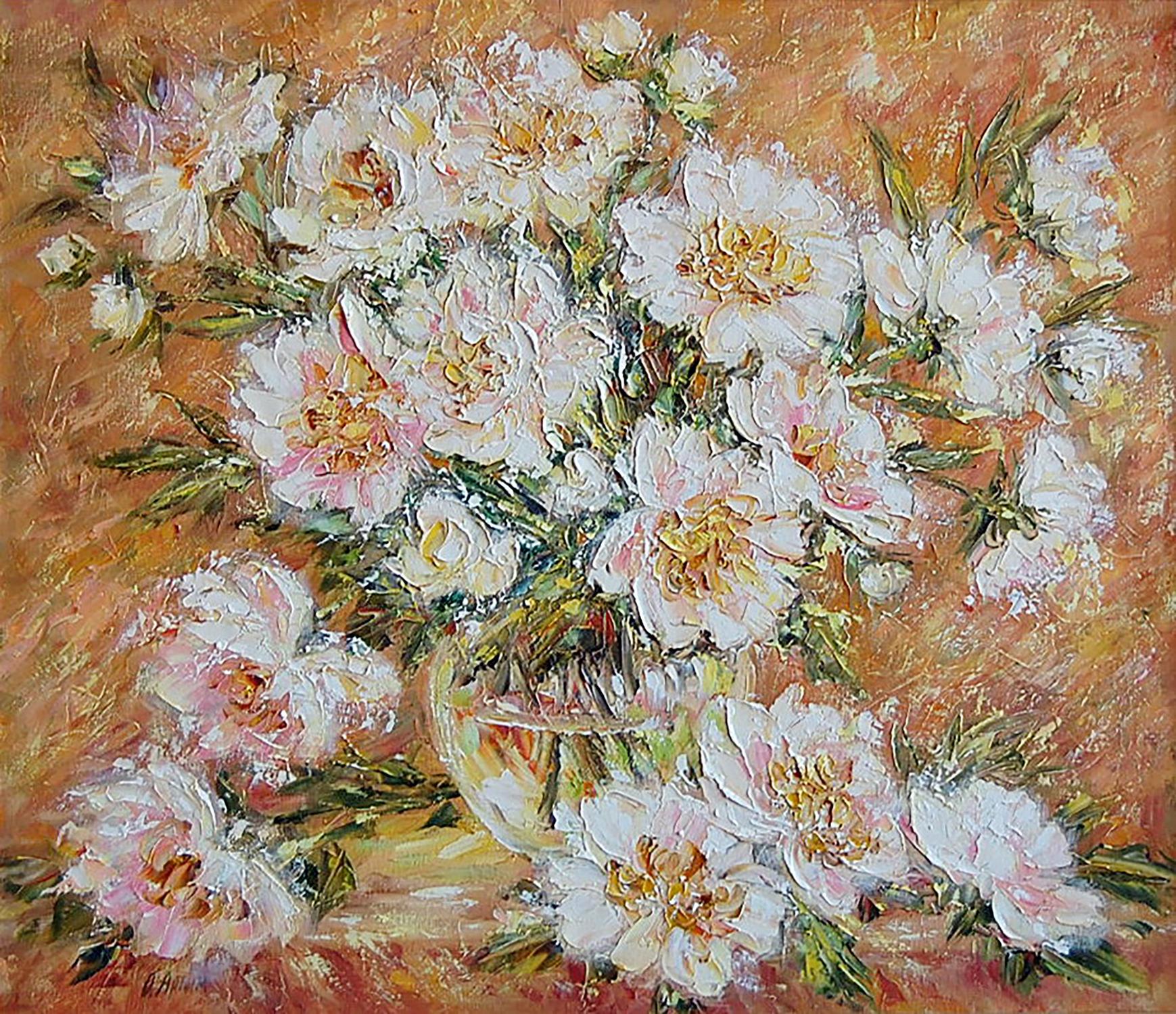 Oil painting Peonies on a golden background Artim Olga