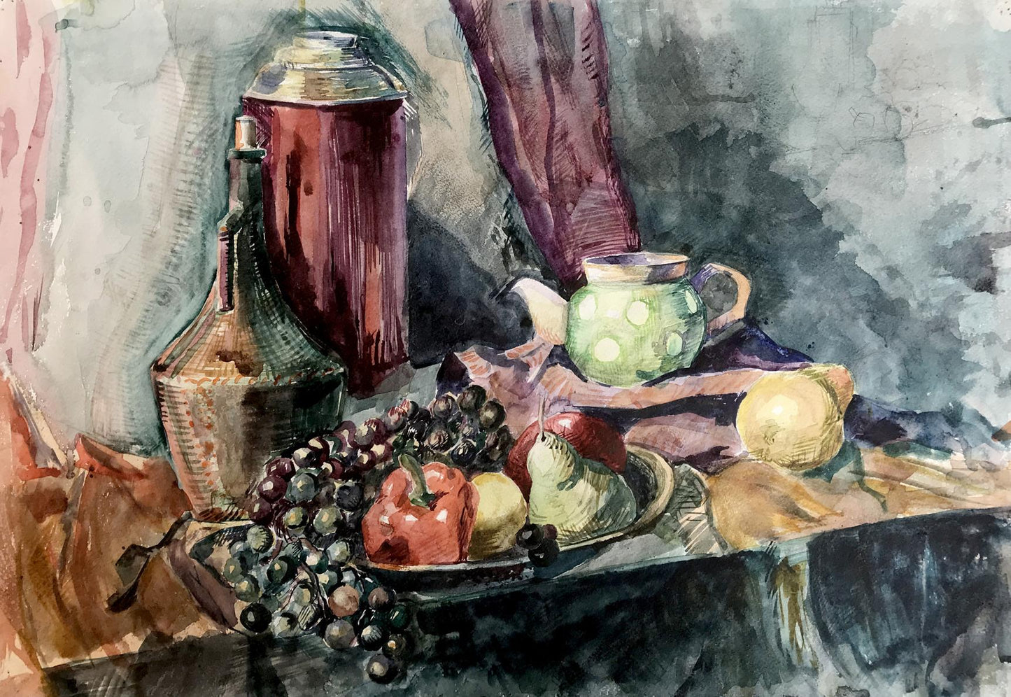 Watercolor painting Grapes and fruits Unknown artist