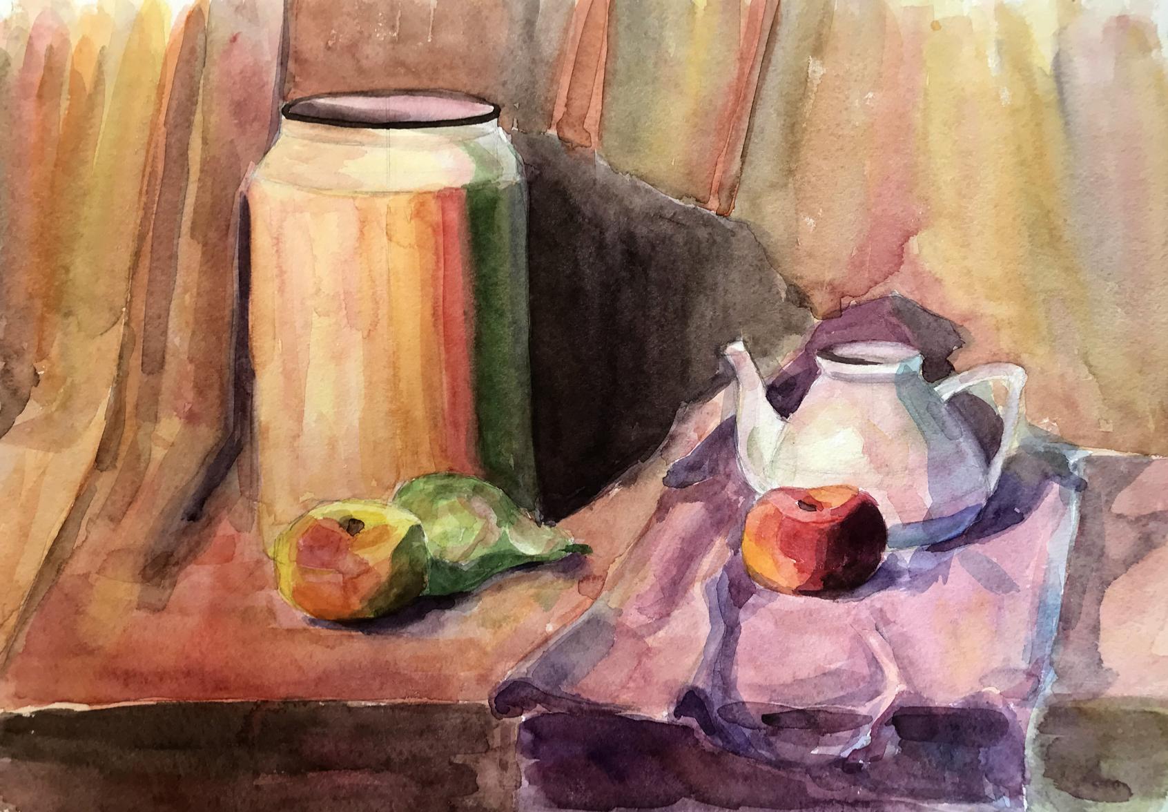 Watercolor painting Fruit and kettle Unknown artist