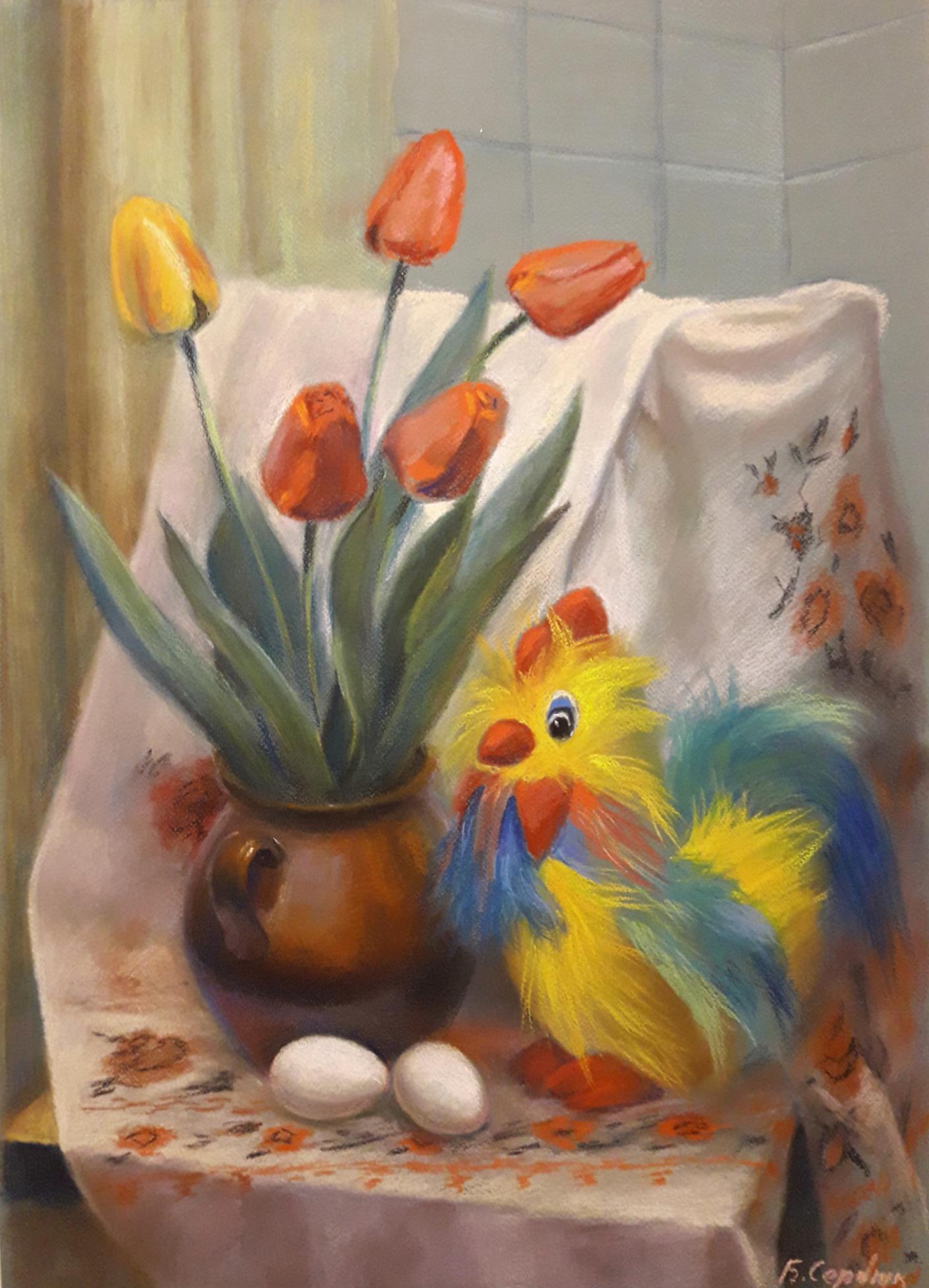 Pastel painting Still Life with Rooster and Tulips Serdyuk Boris Petrovich
