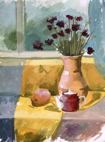 Gouache painting Flowers on the windowsill Unknown artist