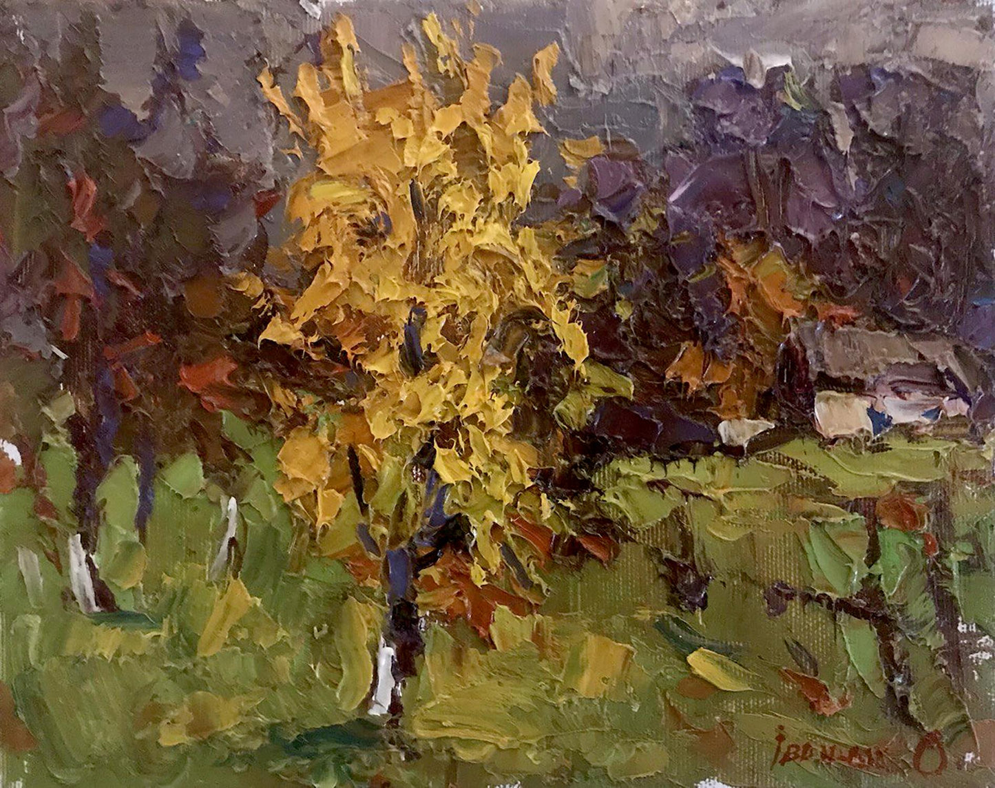 Oil painting Autumn twilight and yellow tree Oksana Ivanyuk