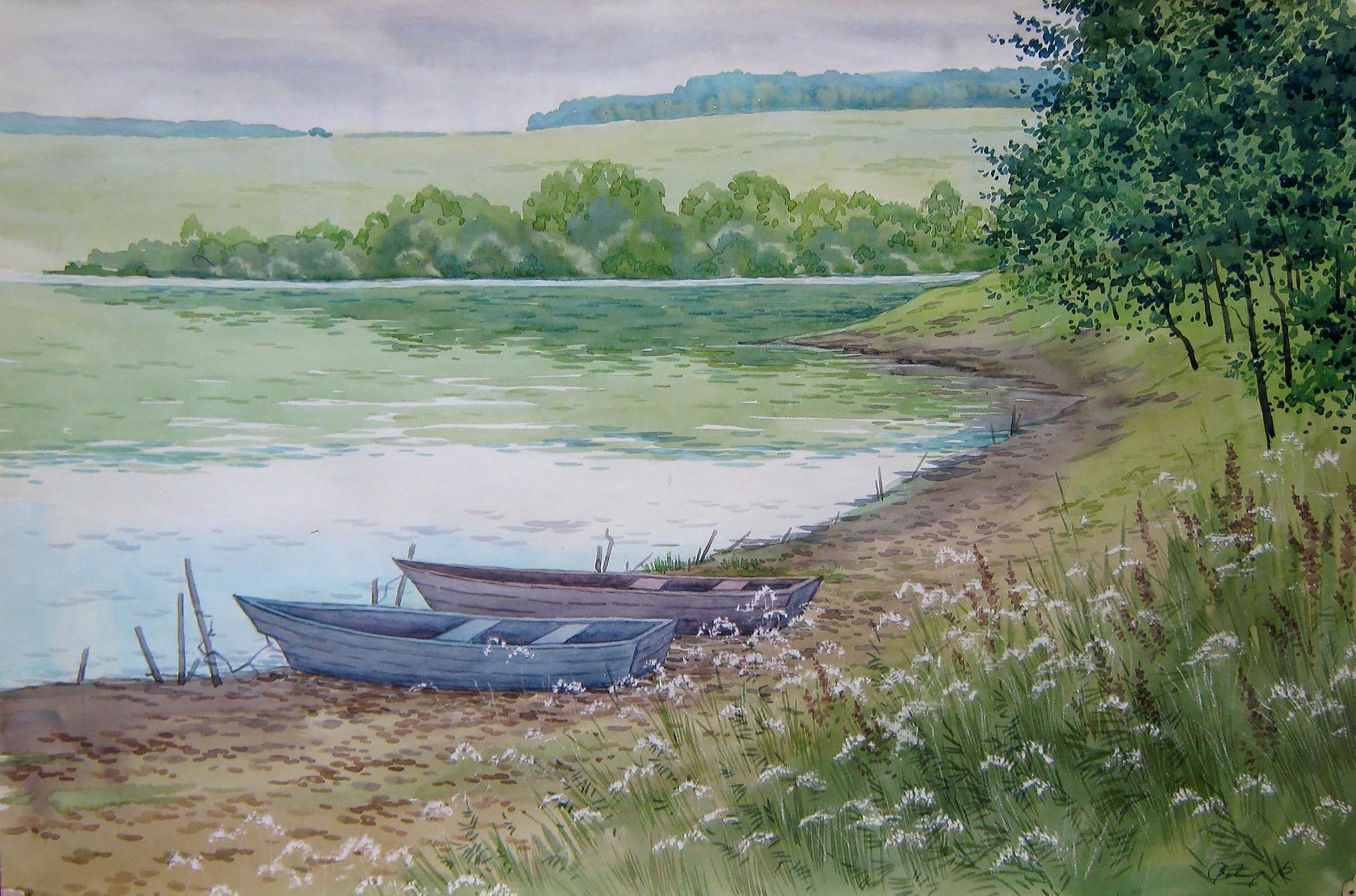 Watercolor painting Near the river. Boats Savenets Valery