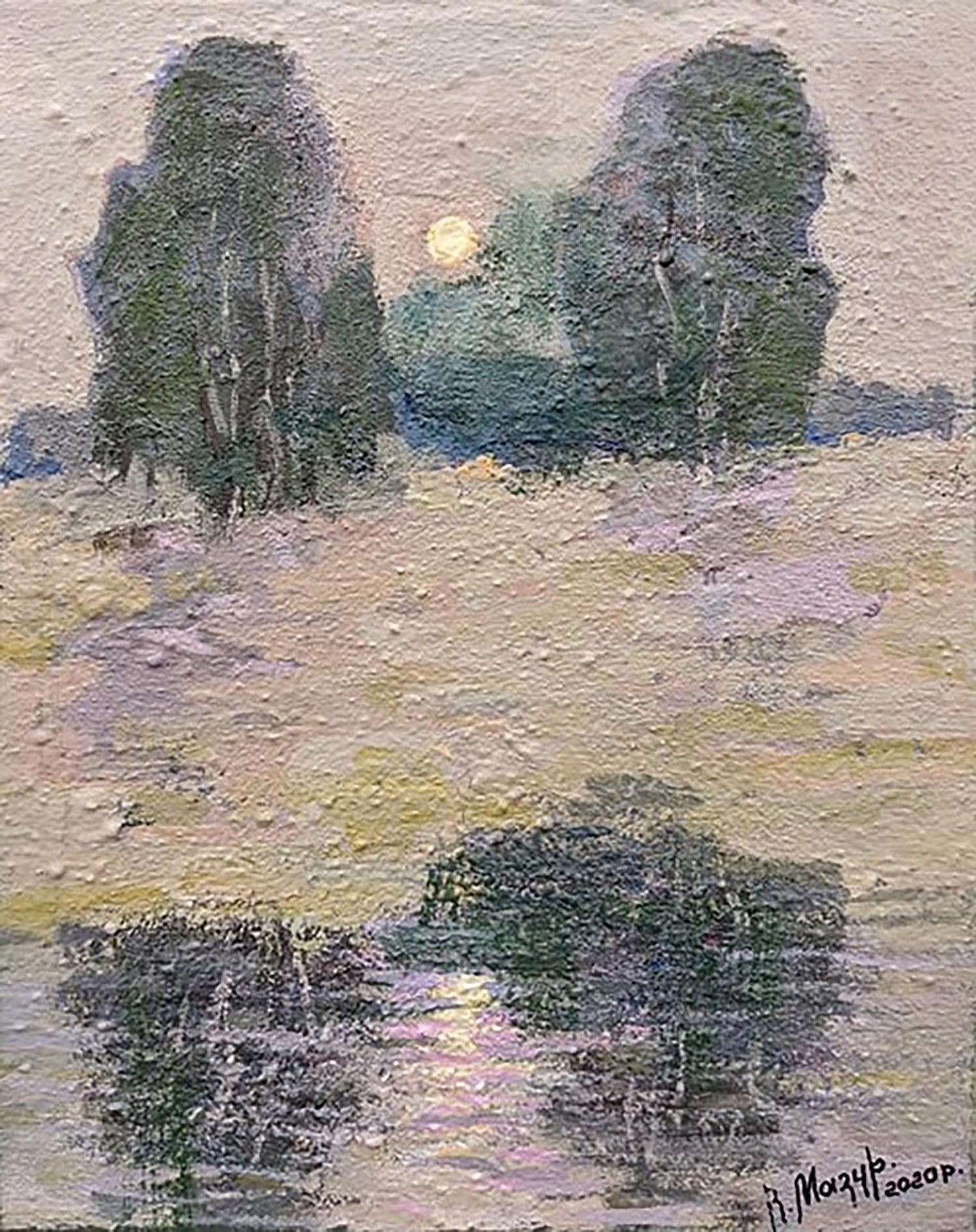 Oil painting Sunset reflection on the river Vladimir Mazur