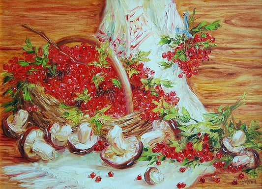 Oil painting Viburnum and mushrooms Artim Olga