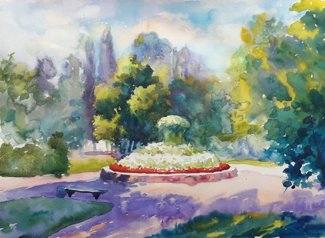 Watercolor painting In the city garden Serdyuk Boris Petrovich